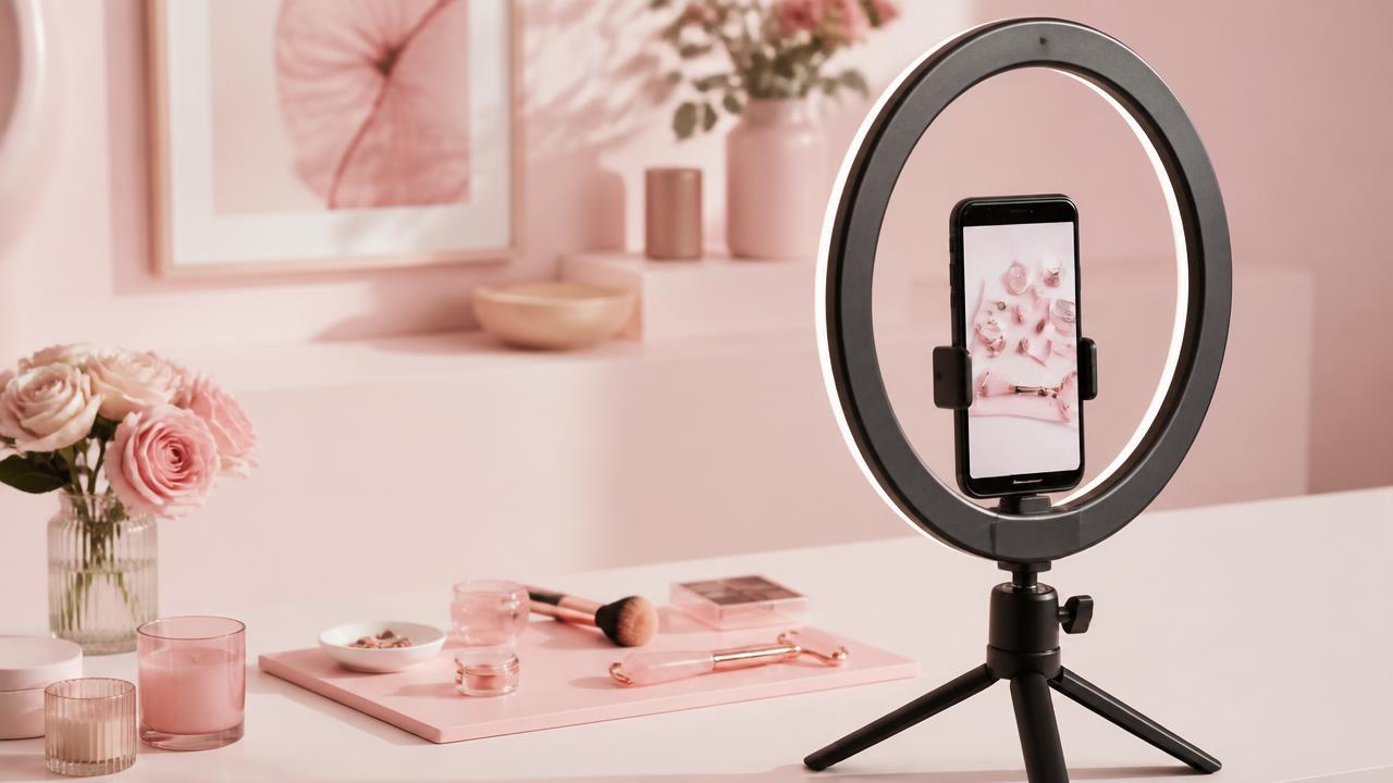 Producción de contenido: celular en tripié con aro de luz grabando productos de belleza